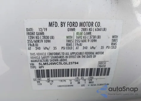 2020 Lincoln Aviator Standard z USA, uszkodzony, nr VIN 5LM5J6WC5LGL23794